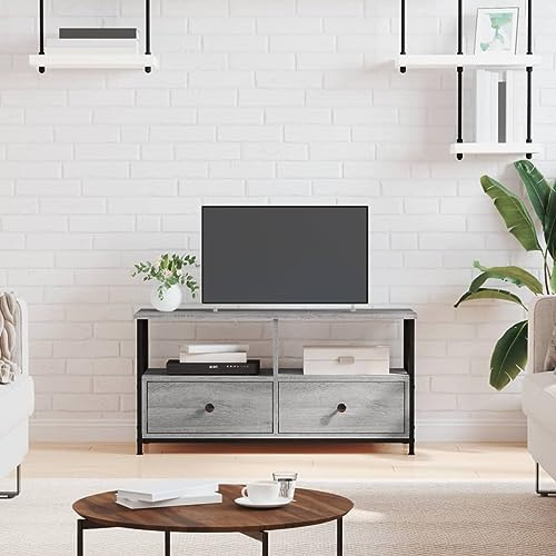 Hoopleep TV-Schrank Grau Sonoma 90x33x45 cm, Holzwerkstoff & Eisen, Industrial Style Medienkonsole mit 2 Schubladen, robuster Tisch für Wohnzimmer, Unterhaltung Zentrum