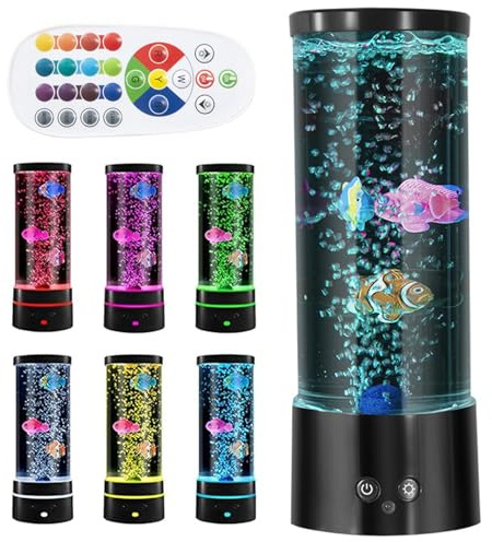 Syglawnd Lámpara de pez de burbujas, lámpara de burbujas de peces, cambio multicolor con control remoto, luz USB/que funciona con pilas para dormitorios de niños, 4, 1x11, 6 pulgadas