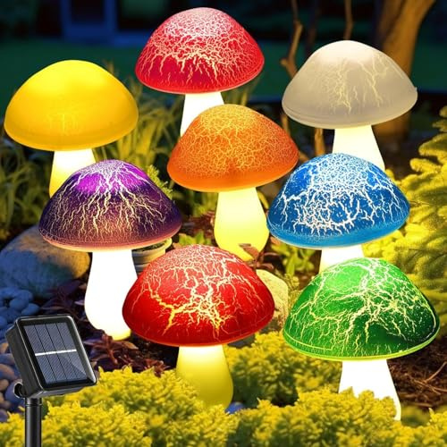 QINGYA Solar Garden Decor Lights 8 Crack Mushrooms Outdoor Decor Stake Lights, Waterproof with 8 Lights and 8 Modes for Outside Back Yard Lawn Flowerbed Gnome Decorations