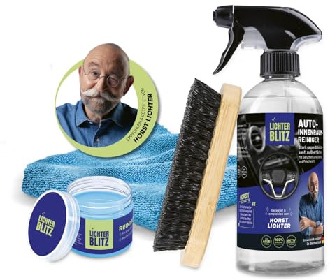 LICHTERBLITZ Auto Reinigungsset 4 TLG. | Innenraumreiniger (500 ml) für Armaturenbrett, Polster, Leder & Kunststoff | Cockpitpflege mit Reinigungsgel, Bürste, Mikrofasertuch & Auto Innenraum Reiniger