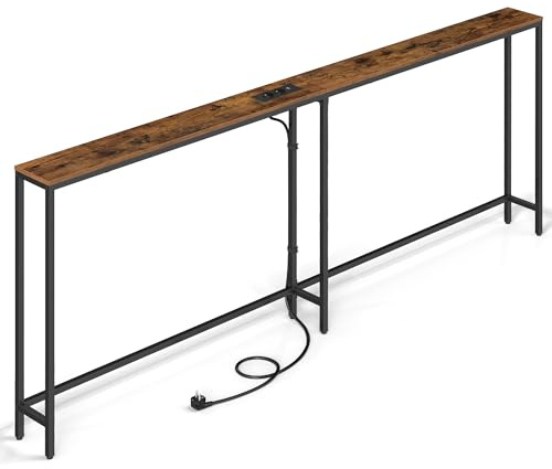 VASAGLE Konsolentisch mit Ladestation, schmaler Sofatisch, Flurtisch, 2 Tischplatten, einfache Montage, für Flur, Wohnzimmer, 15 x 200 x 80 cm, vintagebraun-Mattschwarz LNT077K102