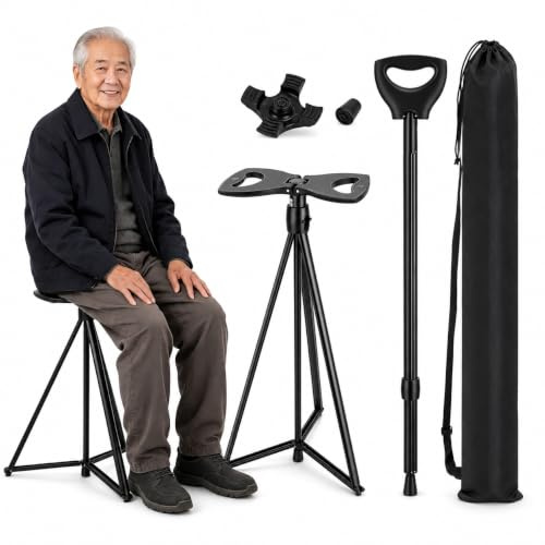Walking Cane with Seat, 1.8lbs Ultra-Lightweight Folding Walking Stick Chair for Adults & Seniors, Heavy Duty 330lbs Capacity Cane Stool with Tripod Base & Single Pad for Travel, Hiking, Resting