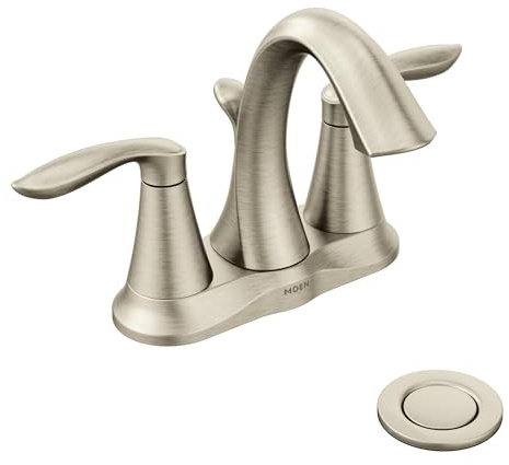 Moen Eva Brushed Nickel Two-Handle 4-Inch Centerset Bathroom Faucet with Drain Assembly, Bathroom Faucets for Sink 3-Hole, 6410BN