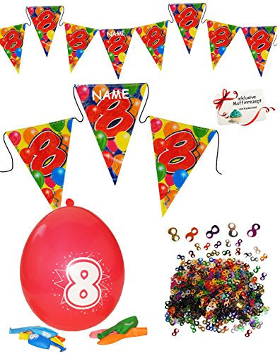 alles-meine.de GmbH Deko Set Zahl - 8 / ACHT - Girlande/Wimpelkette & Luftballons & Streumotive - incl. Name - Dekoration - WASSERFEST - z.B. für Firmenfeier/Jubiläum -..
