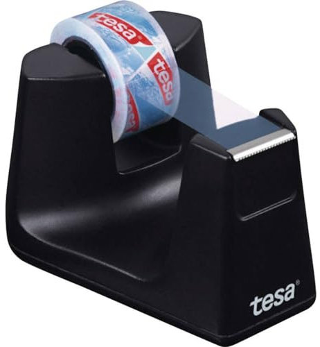 tesafilm Easy Cut Smart Dispenser per Nastro Adesivo - Dispenser compatto da scrivania con stop pad - Incluso di rotolo adesivo tesafilm Crystal Clear 10 m x 15 mm - Colore: Nero