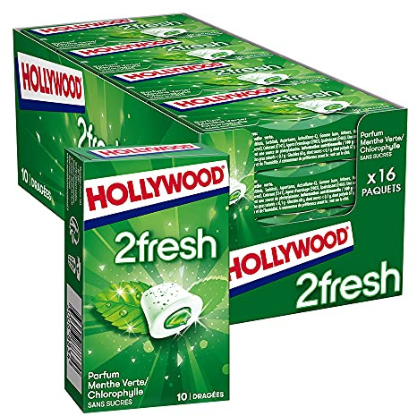 Hollywood Chewing Gum 2 Fresh - Parfum Menthe Verte Chlorophylle - Sans Sucres avec Édulcorants - Lot de 16 paquets de 10 dragées - 22 g