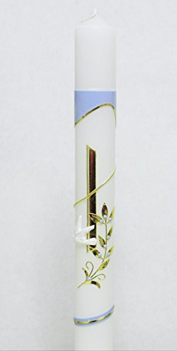 Taufkerze Kommunionkerze KW-JO-C106 Gold/Blau inkl. Tropfschutz und Beschriftung