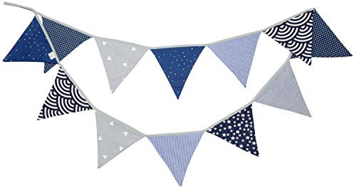 PREMYO Wimpelkette Kinderzimmer Jungen Stoff - 12 Wimpel Girlande Bunt Beidseitig - Babyzimmer Deko Blau Grau