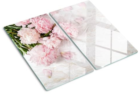 Küchenbrett Glas 2x30x52 cm Gehärtetes Glas Hitzebeständig Lebensmittelecht Antibakteriell für die Küche Dekorativ Rutschfest Silikonfüße Plastikfrei 2 Stück Glasplatte - Pfingstrosen