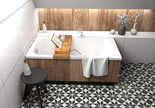 ECOLAM® Badewanne Wanne Rechteck Classic Polimat Acryl weiß 150x70 cm + Ablage Bambus + Styroporverkleidung 1.041 zum Verfliesen + Ablaufgarnitur Ab- und Überlauf Automatik Füße Silikon Komplett-Set