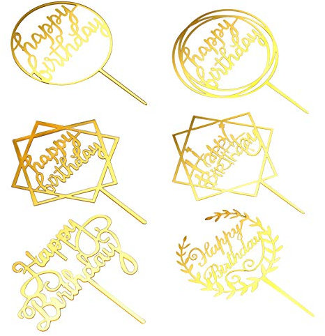Decoración para Tarta De Feliz Cumpleaños, 6 Piezas de Happy Birthday Cake Topper, Decoración de Tartas de Acrílico para Cupcakes, Decorar Tartas Infantiles Niñas,Purpurina (Oro)