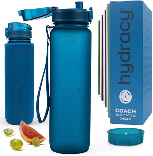 Hydracy Water Bottle with Time Marker -Large 1 Litre BPA Free Water Bottle & No Sweat Sleeve -Leak Proof Gym Bottle with Fruit Infuser Strainer & Times to Drink -Ideal for Fitness Sport & Outdoor