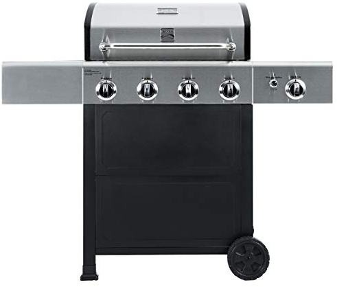 Kenmore 4-Burner Gas Grill with Side Burner, Outdoor BBQ Grill, Propane Gas Grill, Cast Iron Cooking Grates, Electronic Ignition, Warming Rack, Open Cart Design, 53000 BTUs, Stainless Steel and Black