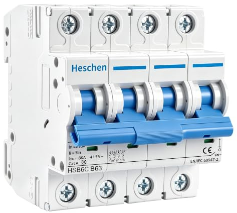 Heschen Miniatur-Leitungsschutzschalter HSB6C, 63 Ampere Strom, 4-polig, Typ B, 6 kA Schaltleistung, DIN-Schienenmontage