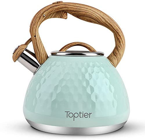 Tea Kettle, Toptier Teapot Whistling Kettle with Wood Pattern Handle Loud Whistle, Food Grade Stainless Steel Tea Pot for Stovetops Induction Diamond Design Water Kettle, 2.7-Quart Light Green