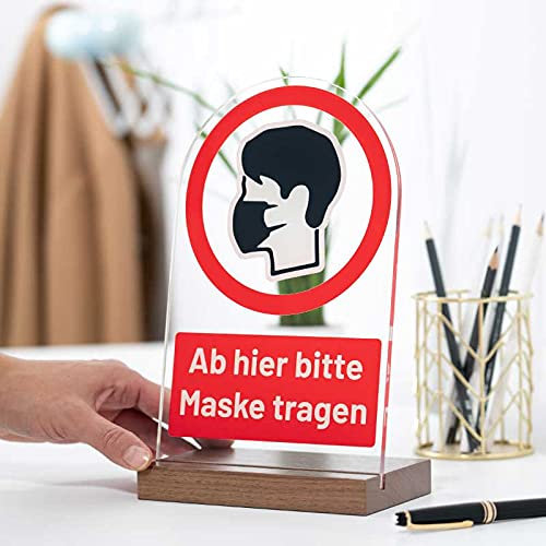 Corona Hinweisschild - Deko Aufsteller Mund- und Nasenschutz - Maske tragen (Nussbaum, Holz)