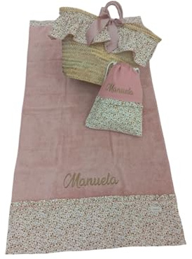 Capazo Mimbre, Toalla de Playa, Bolsa bañadores Personalizado para niña - Conjunto piscina infantil con nombre - 3 piezas (Flores Liberty/Rosa Maquillaje)