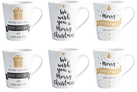 HOME Best Wishes Set 6 Mug in Porcellana, cc370, Tazze Colazione, Decoro Natalizio, 7134600
