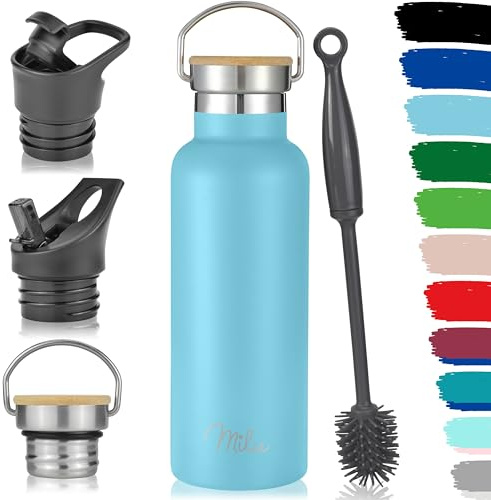 Milu Edelstahl Trinkflasche 350ml 500ml 750ml 1000ml (+3 Deckel) - Thermosflasche mit Strohhalm, Isolierte Wasserflasche, Auslaufsichere Isolierflasche doppelwandig (Himmelblau, 500ml)