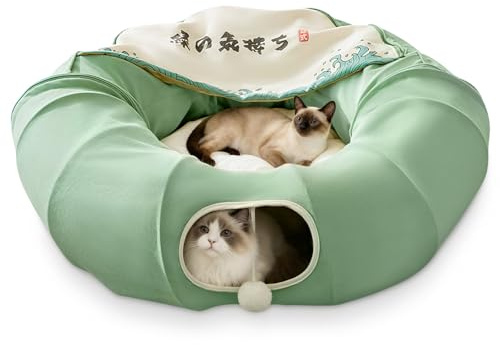 ALLSOPETS Letto per Gatti Tunnel per Gatte con Tappetino Pieghevole Rotondo Giochi Tunnel Gatto con 1 Palline da Graffi Sospese per Gatti Gattini Coniglio Verde