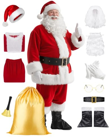 ZIW 11pcs Santa Claus Costume Suit for Men Women Adults 4XL Deluxe Christmas Outfit Xmas Velvet Coat with Bell Red ZW015-4XL