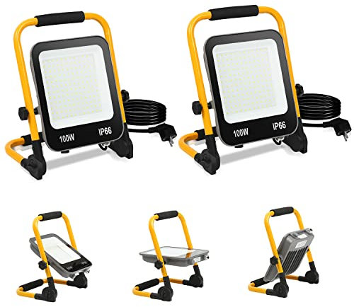Tubiaz 2PCS 100W LED Projecteur de Chantier, Projecteur LED Extérieur 10000LM 6000K Blanc Froid avec Support Pliable, Lampe de travail Portable étanche IP66 Chantier Urgence (cordon 3M) M2-GGP8790x