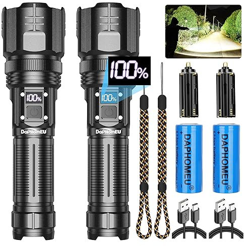 Torcia Led Potente Professionale confezione da 2, 150000 Lumen Torcia Ricaricabile, Torcia Tattica Zoomabile, Con 5 Modalità Di Luce Per Campeggio, Escursionismo, Emergenaze