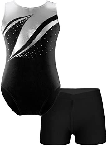 MSemis Turnanzug für Mädchen Ballett Trikot Metallic Tanz Body mit Kurze Hose Shorts Gymnastik Overall Leotards Tanzkostüm Wettbewerb Schwarz F 158-164