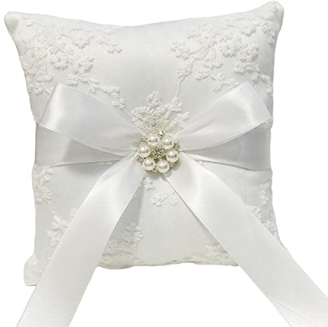 Laurel & Mason White Satin Wedding Ring Pillow - Lace Bow Pearls Cushion Bearer Wedding Decorations 13cm