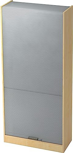 bümö Rollladenschrank in Ahorn/Silber mit Streifengriff - Vertikal Jalousieschrank 90 cm breit, Aktenschrank abschließbar, Büroschrank für Ordner & Co.