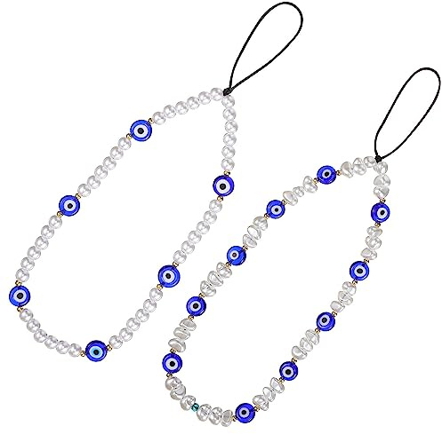 PartyKindom 2pcs Mobile Phone Wrist Strap Evil Eye Pearl Beaded Charm | Lightweight Phone Dangle, for Backpack Ornament, Attractive Cute Style