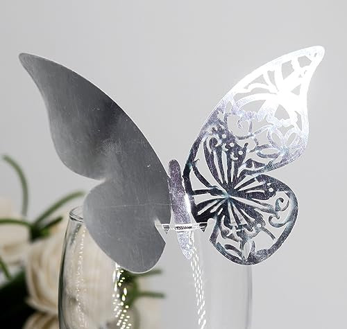 100 segnaposto a forma di farfalla, in vetro, per decorazione da tavolo, per matrimoni, feste, casa, decorazione da tavolo, per bicchieri da vino, tazza, argento riflettente