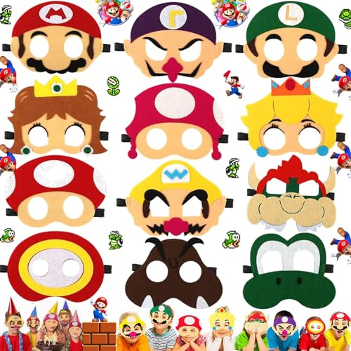 Benaton 12 Stück Party Masken Kinder, Mario Mask Masken, Kindermasken Cosplay Masken, Kindermasken Tiere, Kinder&Erwachsene für Kinder Maskerade Cosplay Party(Mehrere Stile)