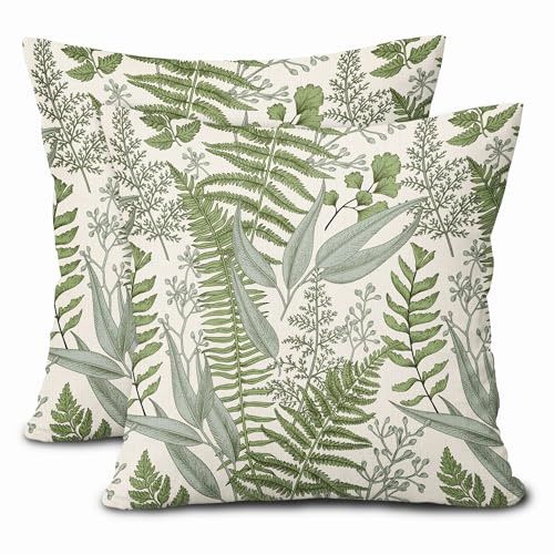 Dekorative Kissenbezüge mit grünen Blättern, 40,6 x 40,6 cm, Kräuter, botanischer Farn, Vintage-Blätter, Blumenmuster, 2er-Set, Baumwoll-Leinen, Überwurfkissen, Bauernhaus, Heimdekoration, für Sofa,