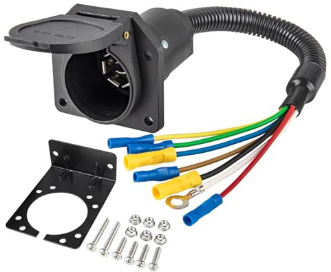 MECMO 7 Way RV Trailer Light Connector Socket 7 Pin Wire Electrical Trailer Adapter Quick Converter with Mounting Bracket, Truck End Quick-Install 7 Prong Universal Pigtail Wiring Harness Vehicle Side