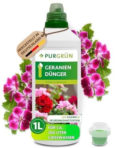 Purgrün® Geraniendünger 1 Liter – Organisch-mineralische Rezeptur – Premium-Flüssigdünger mit Spurennährstoffen – NPK 5+7+8 – Mit Guano für prächtige Blüten – Konzentrat für 200 Liter Gießwasser