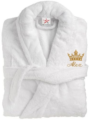Stars and Stripes Personalised Crown Bathrobe Custom with Your Text Embroidery on Luxury Terry Towel 100% Cotton Bathrobes (White, L-XL)