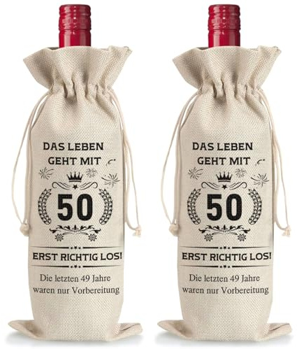 Geschenke zum 50 Geburtstag Mann Frau, 2 Stück Weinflasche Tasche Jute, Muttertagsgeschenk, Wein Geschenkbeutel mit Kordelzug Wein Geschenktasche Weinflaschen Geschenktüten für Sektflaschen