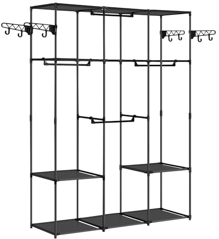 WOLTU Percheros Burro, Percha de Metal con Estantes, Barras Colgar Ropa, Perchero Colgador de Ropa, Ligero y Resistente, Multifuncional para Armario y Dormitorio, Negro