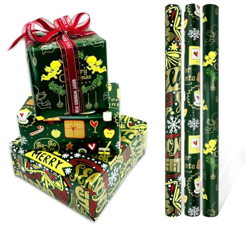 Geschenkpapierrollen – 3 Rollen 43 cm x 3 Meter, grünes Weihnachtsgeschenkpapier für Weihnachten, Geburtstage, Hochzeiten, Babypartys, Partys, Festgeschenkverpackungen