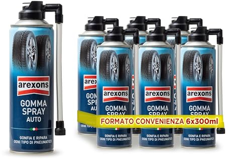 AREXONS Gomma Spray Auto, Gonfia e Ripara Ogni Tipo di Pneumatico | Bomboletta per Riparazione Forature, 6 x 300 ml