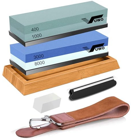 vuwo Piedra de Afilar para Cuchillos - Profesional Piedra Afiladores de Doble Cara Grano 400/1000 & 3000/8000, Incluye Correa de Cuero, Base de Bambú, Guía de Ángulo y Combinación de Pulido, Soporte d