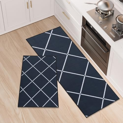 LY4U Tapis de Cuisine Set de 2, Tapis de Sol de Cuisine Lavables, Chemin Antidérapant, Tapis de Sol Absorbant pour l’entrée et Le Bureau de Décoration Intérieure, 43x75+43x120cm, Noir