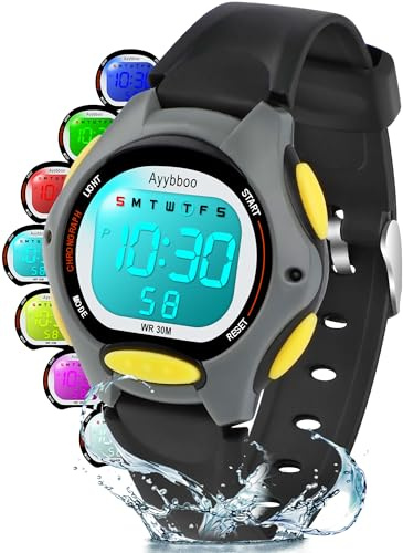 Ayybboo Orologio Digitale Bambino,7 LED Colorati,3ATM Impermeabile,Sveglia/Cronometro/Data,Orologio Sportivo da Polso per Ragazzi e Ragazze,Regalo Bambini 4-15 Anni | Orologio da polso per bambini e bambine, con LED a 7 colori, impermeabile 3 ATM, sveglia, cronometro, 12/24 ore
