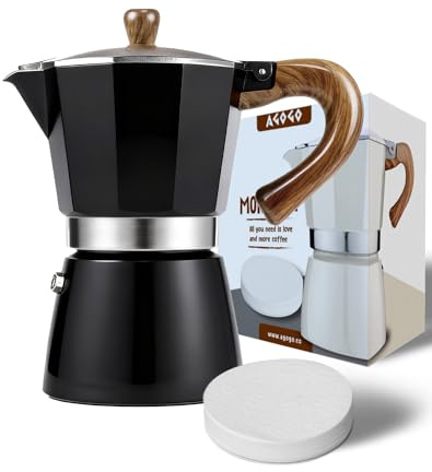 AGOGO Milano Moka Pot, Stovetop Espresso Coffee Maker, Percolator Espresso Maker With Paper Filter (Black, 6 Cup/300ml) | Upgraded anti-snap grip, Home & camping greca percolator, 100 filters for sediment-free brew, Brush & towel gift set