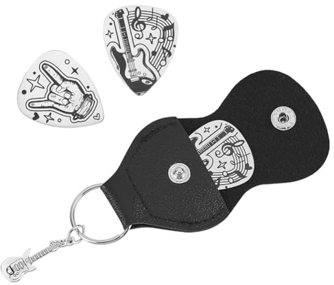 UNICRAFTALE 2 Stück Musikgeschenke Für Gitarristen Rock and Roll Schild Edelstahl E Gitarren Picks Schlüsselanhänger Lederhalter Musiker Gitarrenspieler Geburtstags Weihnachtsgeschenke
