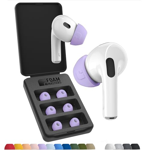 Foam Masters Memory-Schaumstoff-Ohrstöpsel für AirPods Pro 1. & 2. Generation, 3 Paar, Black Magic-Version 6.0, bequem, sicher, verbesserte Geräuschunterdrückung, Ersatzohrstöpsel, Flieder-Lila, S/M/L