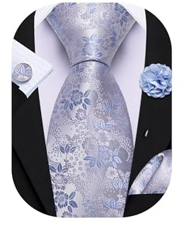 Barry.Wang Dusty Blue Silver Tie with Flower Lapel Pin for Men Floral Silk Necktie Pocket Square Cufflinks Set Formal Wedding Party Business