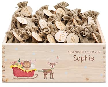 wunderwunsch® - Personalisierter Adventskalender zum selber befüllen - Adventskiste Holz mit kinderfreundlichem Druck - mit Juteschnur Jutesäckchen und Holzzahlen (groß | 39x29x13cm)