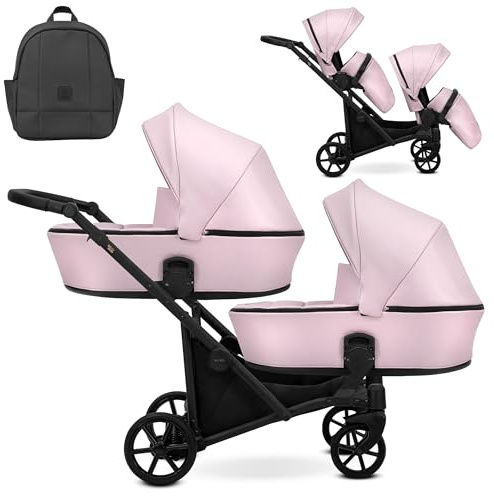 Passeggino gemellare Kunert Brav Duo 2in1 BBtwin Duo ecopelle, doppio passeggino per gemelli due pezzi con navicelle e sedie eco-pelle. Rosa